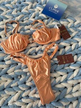 Cupshe Peach Bikini Set NWT XS Pearl Detail Ruched High Cut Swimwear